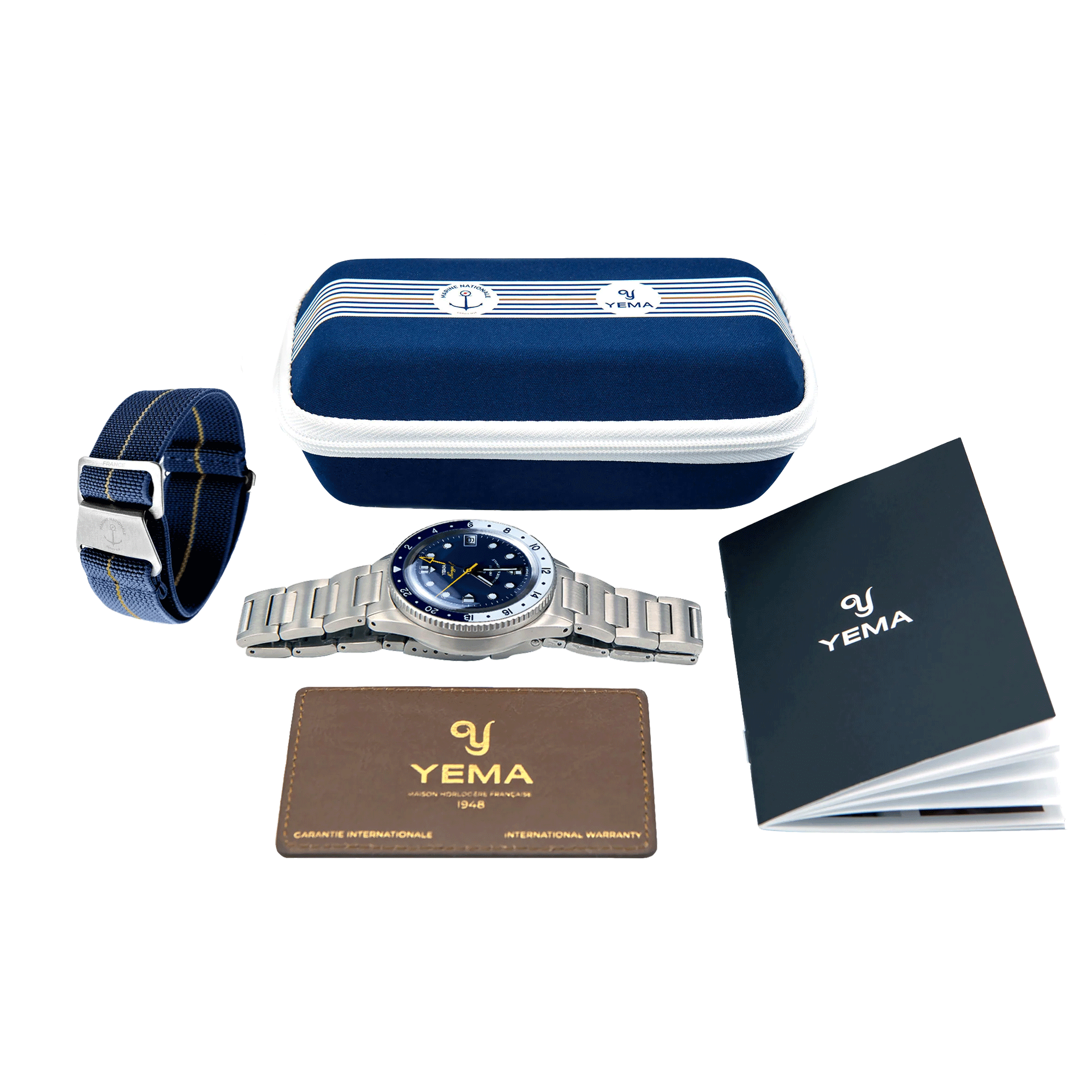 Montre Yema Navygraf Marine Nationale GMT automatique cadran bleu bracelet acier 38,5 mm YNAV23MN-AMS