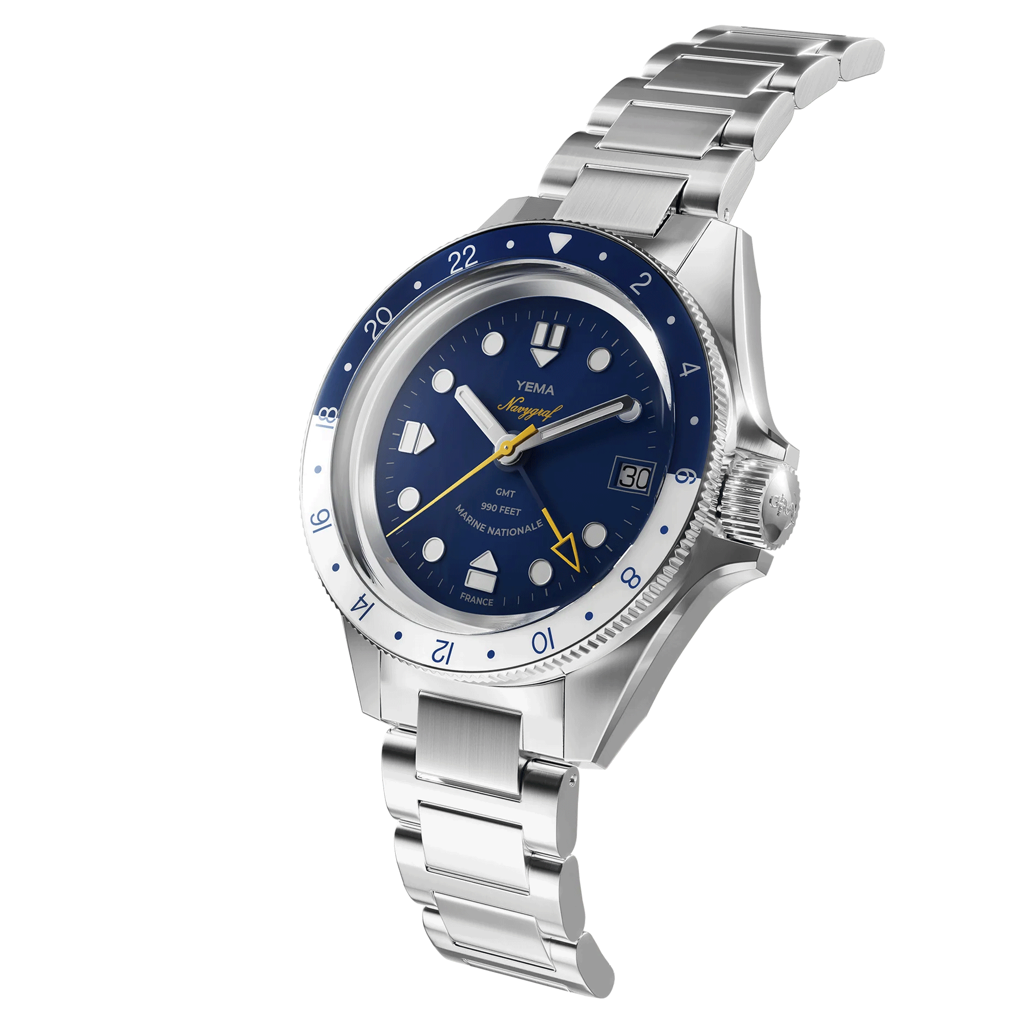 Montre Yema Navygraf Marine Nationale GMT automatique cadran bleu bracelet acier 38,5 mm YNAV23MN-AMS