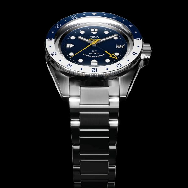 Montre Yema Navygraf Marine Nationale GMT automatique cadran bleu bracelet acier 38,5 mm YNAV23MN-AMS