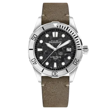 Montre Michel Herbelin Trophy Inland automatique cadran gris météorite bracelet cuir vieilli 42 mm