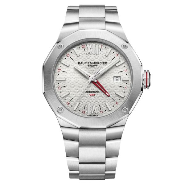 Montre Baume et Mercier Riviera GMT automatique cadran argent bracelet acier 42 mm 10658