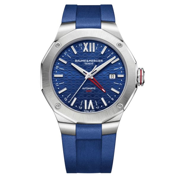 Baume et Mercier Riviera GMT automatic watch blue dial blue rubber strap 42 mm M0A10659
