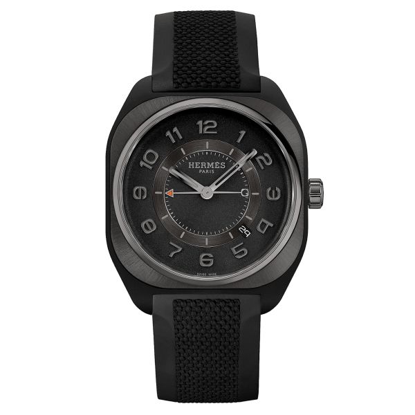 Hermès H08 automatic watch black gold dial black rubber strap 42 mm