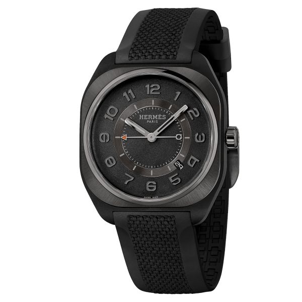 Hermès H08 automatic watch black gold dial black rubber strap 42 mm