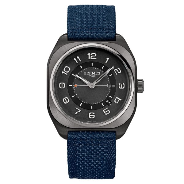 Hermès H08 DLC black automatic watch black dial blue fabric strap 42 mm W049432WW00
