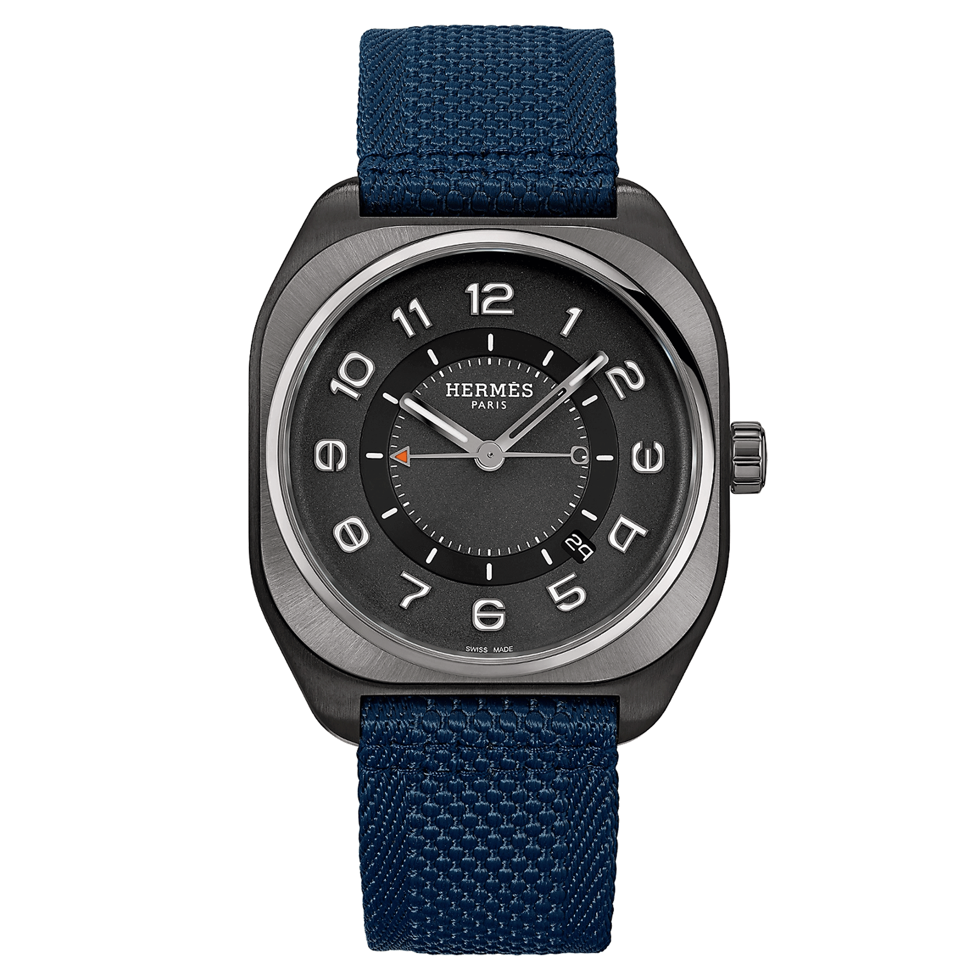 Hermès H08 DLC black automatic watch black dial blue fabric strap 42 mm W049432WW00