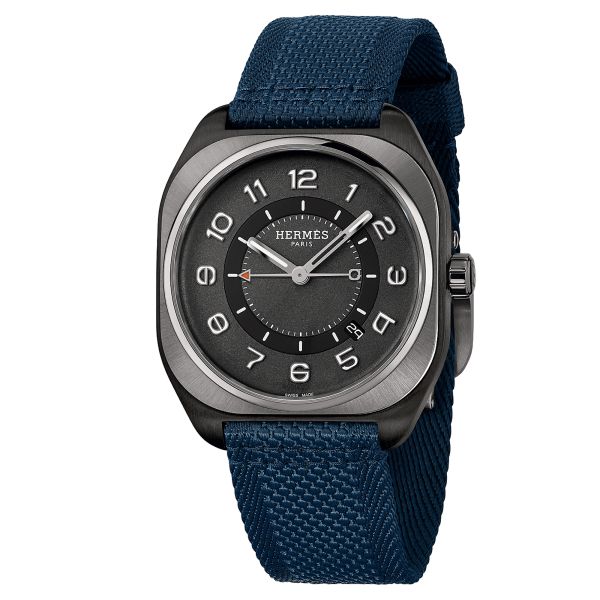 Hermès H08 DLC black automatic watch black dial blue fabric strap 42 mm W049432WW00