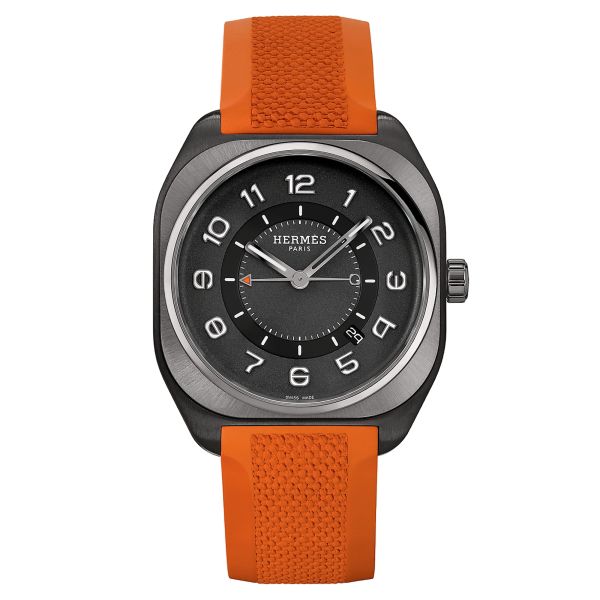 Hermès H08 DLC black automatic Watch dial black rubber strap orange 42 mm W049430WW00