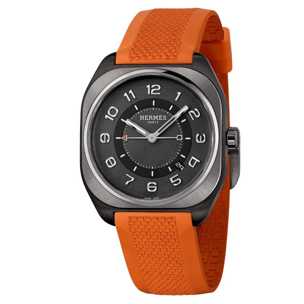Hermès H08 DLC black automatic Watch dial black rubber strap orange 42 mm W049430WW00