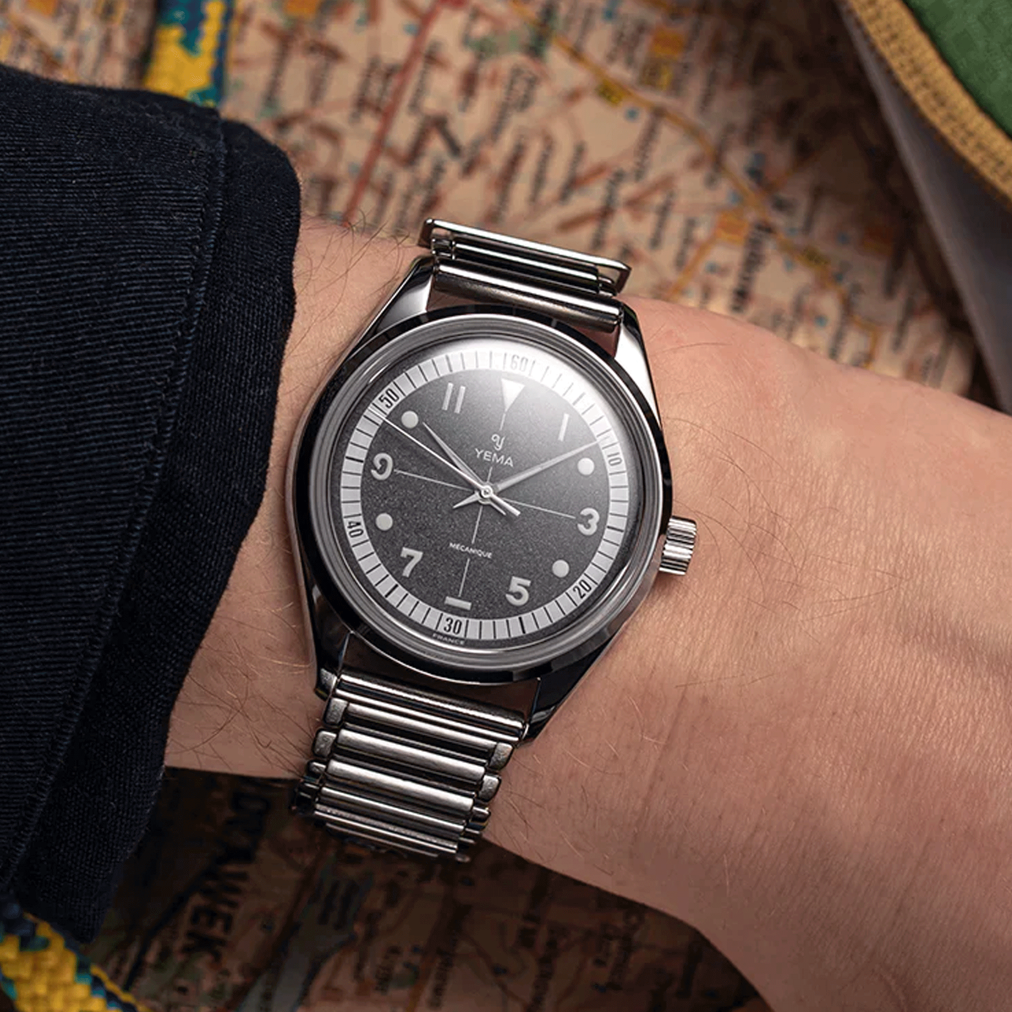 Montre Yema Urban Field mécanique cadran noir bracelet acier 20 cm Bonklip 37,5 mm YFLD23-37-AM3S