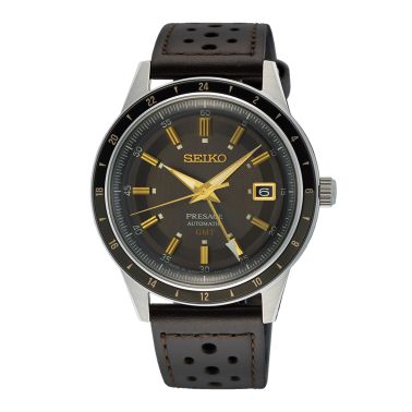Seiko Presage Style 60's GMT automatic black dial leather strap 40.8 mm