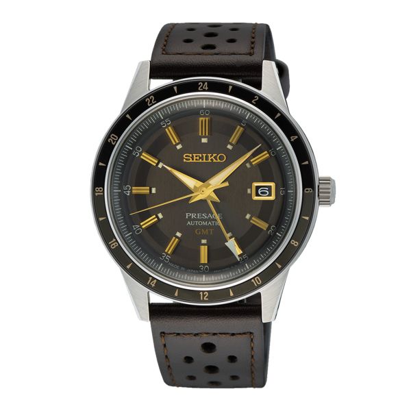 Montre Seiko Presage Style 60's GMT automatique cadran noir bracelet cuir 40,8 mm