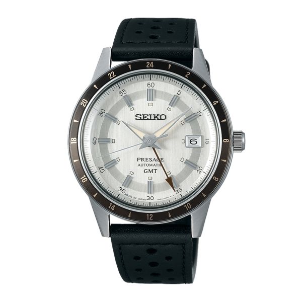 Montre Seiko Presage Style 60's GMT automatique cadran argenté bracelet cuir 40,8 mm