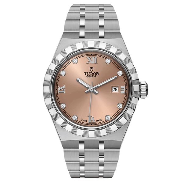 Montre Tudor Royal automatique index diamants cadran saumon bracelet acier 28 mm M28300-0010