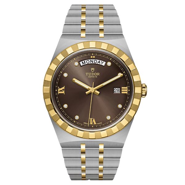 Tudor Royal automatic watch yellow gold bezel diamond index chocolate dial steel and yellow gold bracelet 41 mm