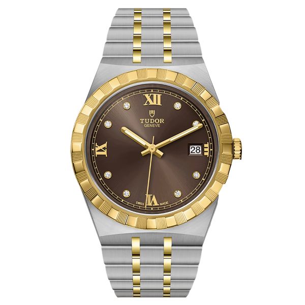 Tudor Royal automatic watch yellow gold bezel diamond index chocolate dial steel and yellow gold bracelet 38 mm
