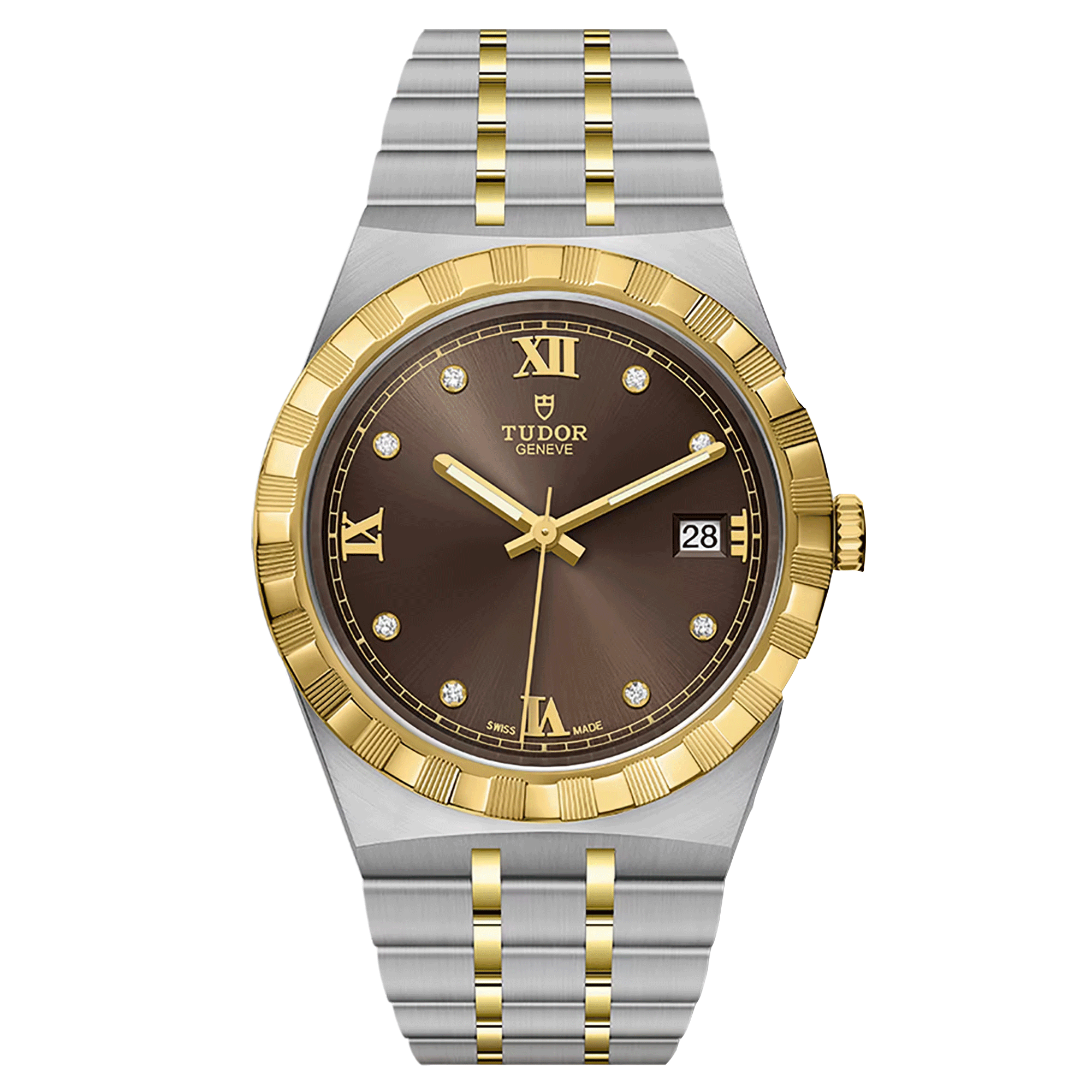 Montre Tudor Royal automatique lunette or jaune index diamants cadran chocolat bracelet acier et or jaune 38 mm M28503-0008