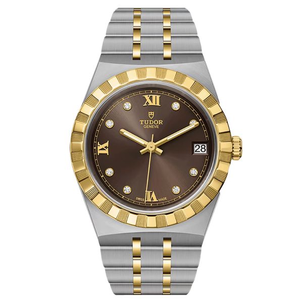 Montre Tudor Royal automatique lunette or jaune index diamants cadran chocolat bracelet acier et or jaune 34 mm M28403-0009