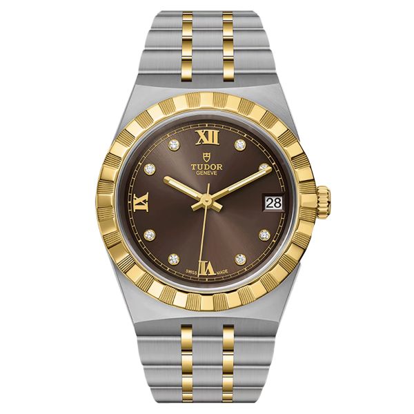 Tudor Royal automatic watch yellow gold bezel diamond index chocolate dial steel and yellow gold bracelet 34 mm