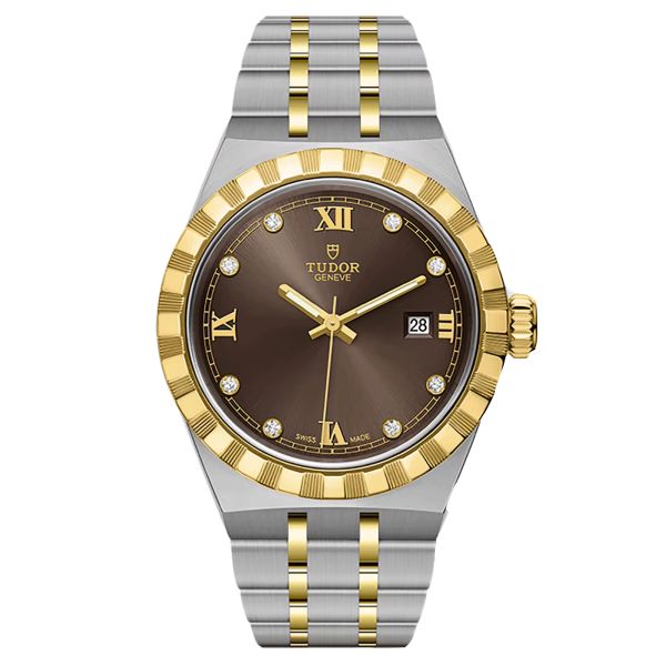 Tudor Royal automatic watch yellow gold bezel diamond index chocolate dial steel and yellow gold bracelet 28 mm