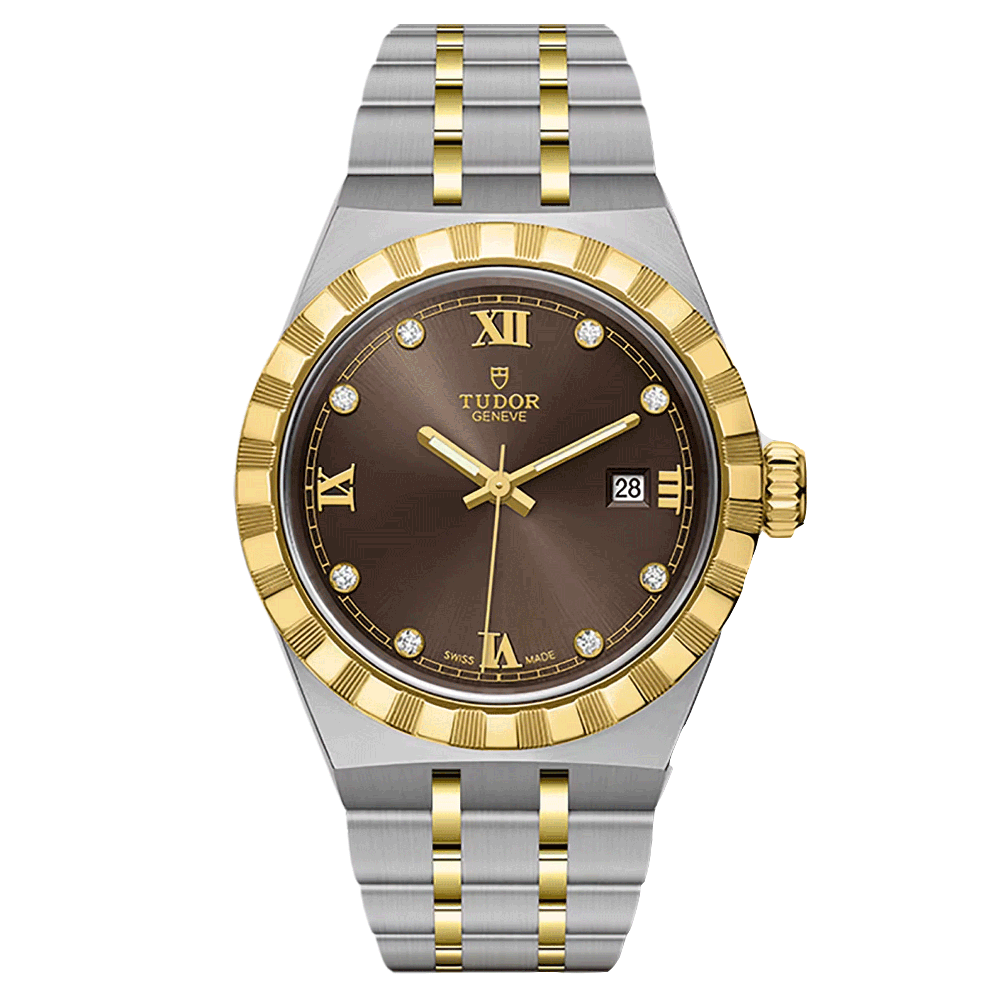 Montre Tudor Royal automatique lunette or jaune index diamants cadran chocolat bracelet acier et or jaune 28 mm M28303-0009