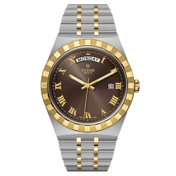 Tudor Royal automatic watch yellow gold bezel chocolate dial steel and yellow gold bracelet 41 mm