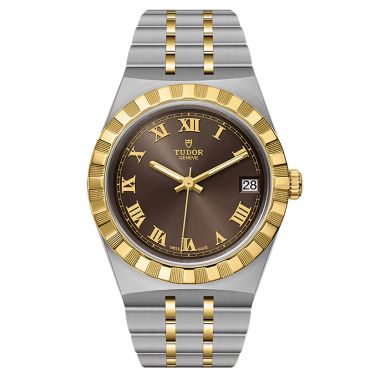 Montre Tudor Royal automatique lunette or jaune cadran chocolat bracelet acier et or jaune 34 mm M28403-0008