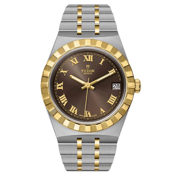 Tudor Royal automatic watch yellow gold bezel chocolate dial steel and yellow gold bracelet 34 mm
