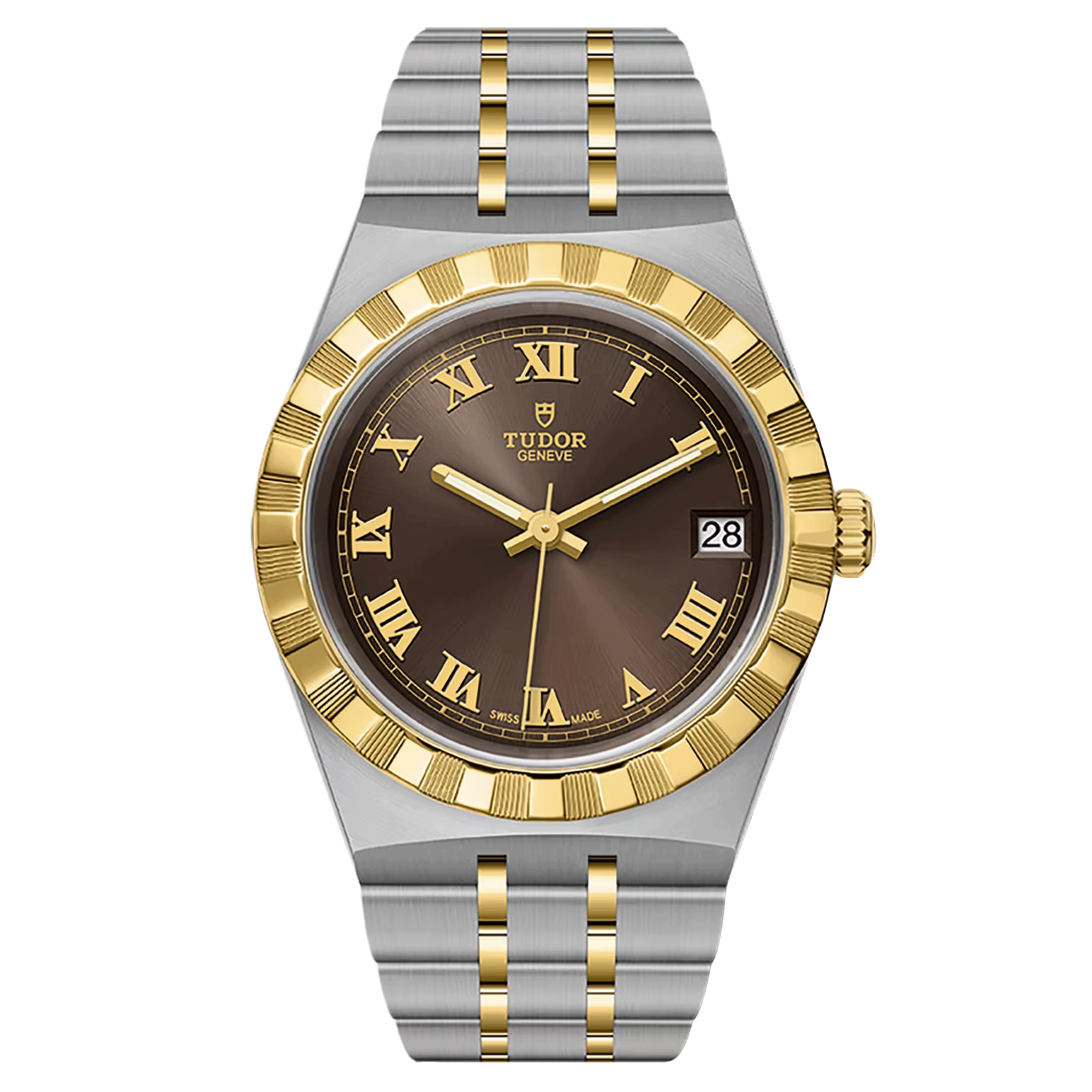 Montre Tudor Royal automatique lunette or jaune cadran chocolat bracelet acier et or jaune 34 mm M28403-0008