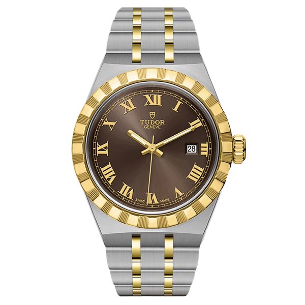 Tudor Royal automatic watch yellow gold bezel chocolate dial steel and yellow gold bracelet 28 mm