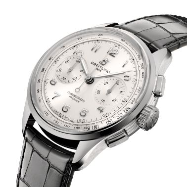 Breitling Premier B09 Chronograph mechanical watch silver dial black leather strap 40 mm AB0930371G1P1