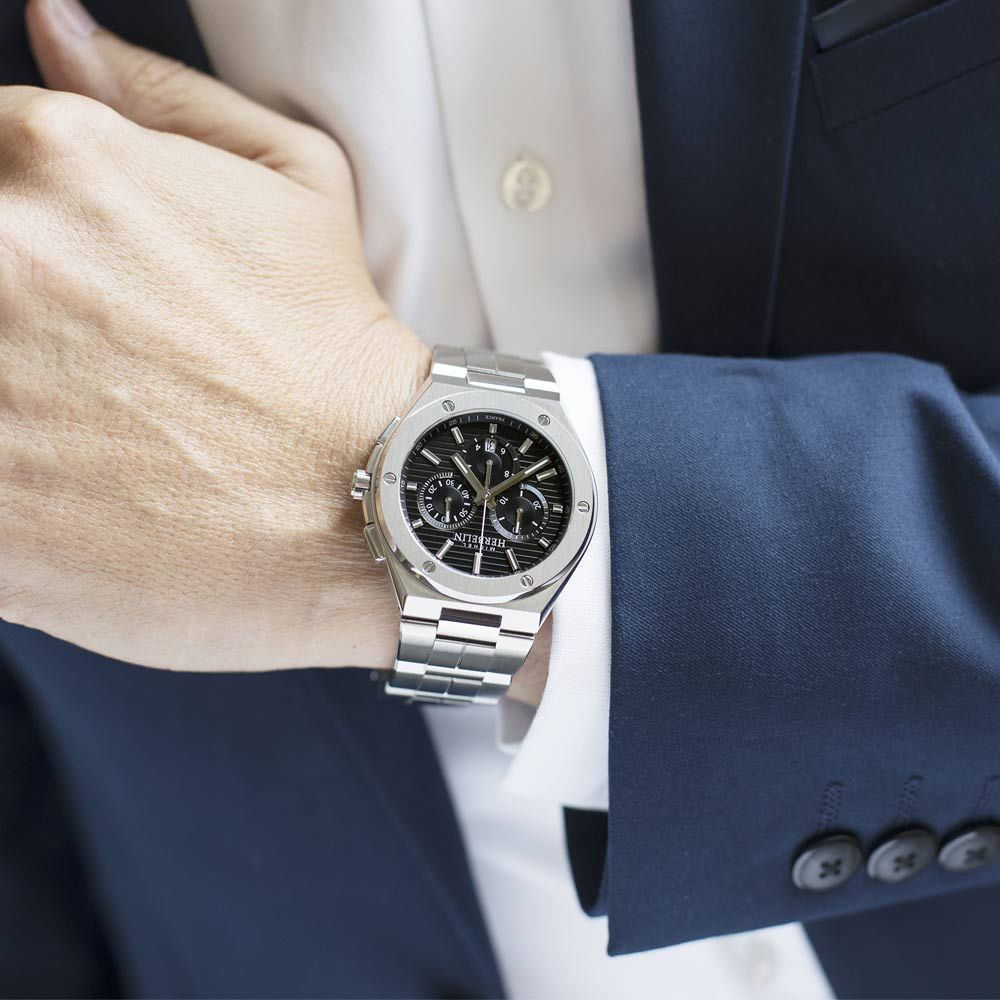 Montre Michel Herbelin Cap Camarat quartz chronographe cadran noir bracelet acier 42 mm