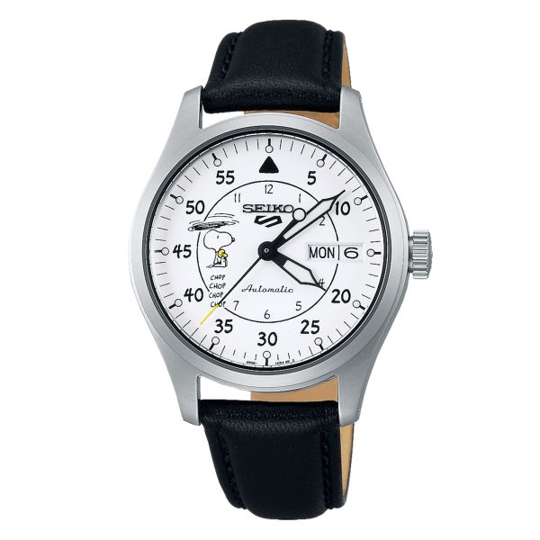 Seiko 5 Sports x Snoopy "Parachut" Limited Edition automatic white dial leather strap 36 mm