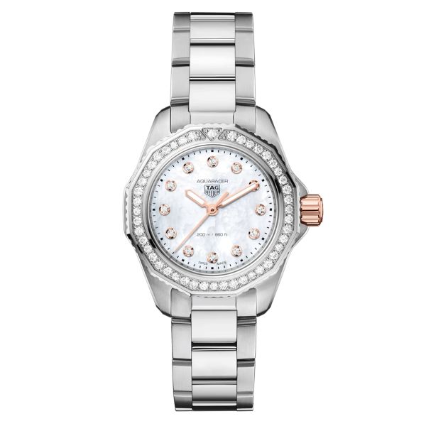 TAG Heuer Aquaracer Professional 200 quartz watch white mother of pearl dial steel bracelet 30 mm