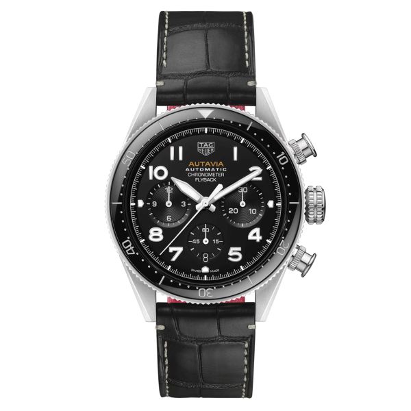 Montre TAG Heuer Autavia Flyback Chronometer automatique cadran noir bracelet cuir noir 42 mm CBE511A.FC8279