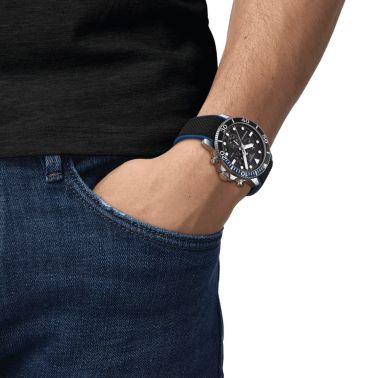 Tissot Seastar 1000 Chronograph quartz watch blue and black bezel black dial black and blue synthetic strap 45,5 mm