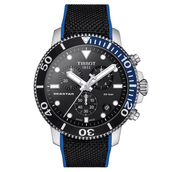 Tissot Seastar 1000 Chronograph quartz watch blue and black bezel black dial black and blue synthetic strap 45,5 mm