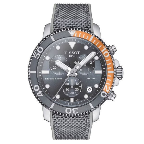 Tissot Seastar 1000 Chronograph quartz watch grey and orange bezel grey dial grey synthetic strap 45,5 mm
