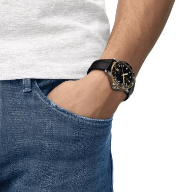 Tissot Seastar 1000 PVD Yellow gold quartz watch black dial black rubber strap 40 mm