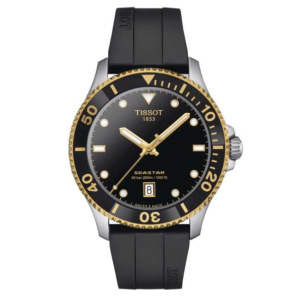 Tissot Seastar 1000 PVD Yellow gold quartz watch black dial black rubber strap 40 mm