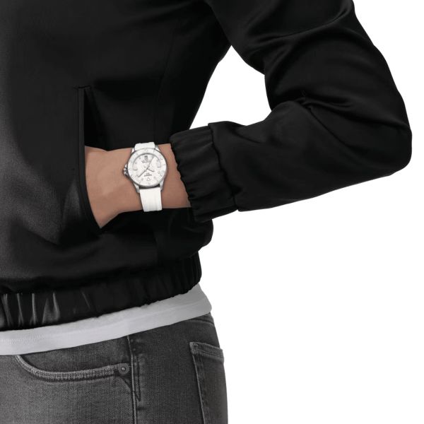 Tissot Seastar 1000 quartz watch diamond markers white mother of pearl dial white rubber strap 36 mm