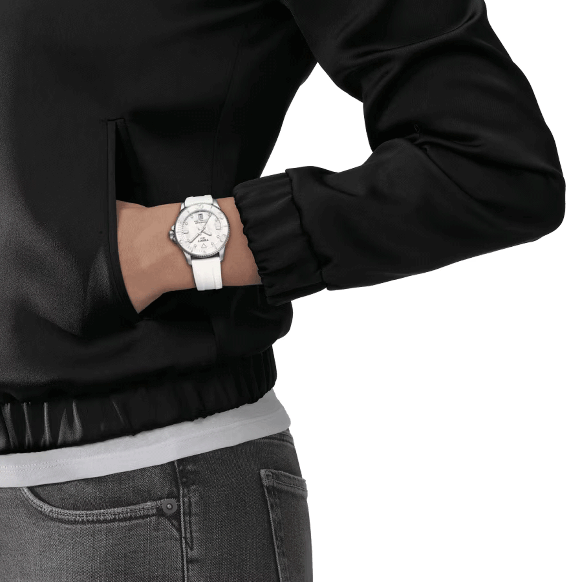 Tissot Seastar 1000 quartz watch diamond markers white mother of pearl dial white rubber strap 36 mm