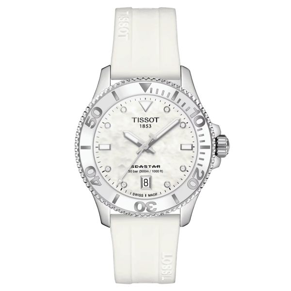 Tissot Seastar 1000 quartz watch diamond markers white mother of pearl dial white rubber strap 36 mm