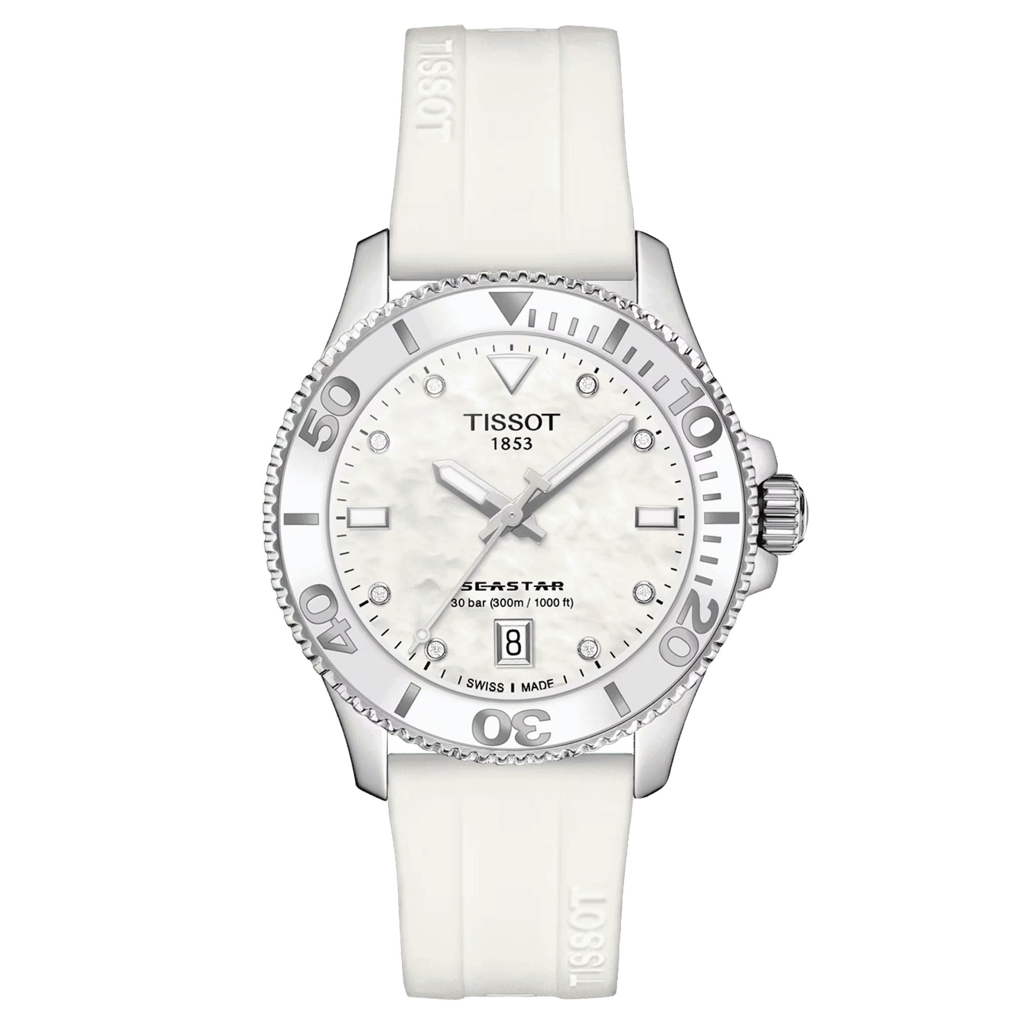 Tissot Seastar 1000 quartz watch diamond markers white mother of pearl dial white rubber strap 36 mm