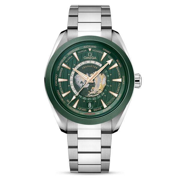 Omega Seamaster Aqua Terra 150M Co-Axial Master Chronometer GMT Worldtimer green dial steel bracelet 43 mm