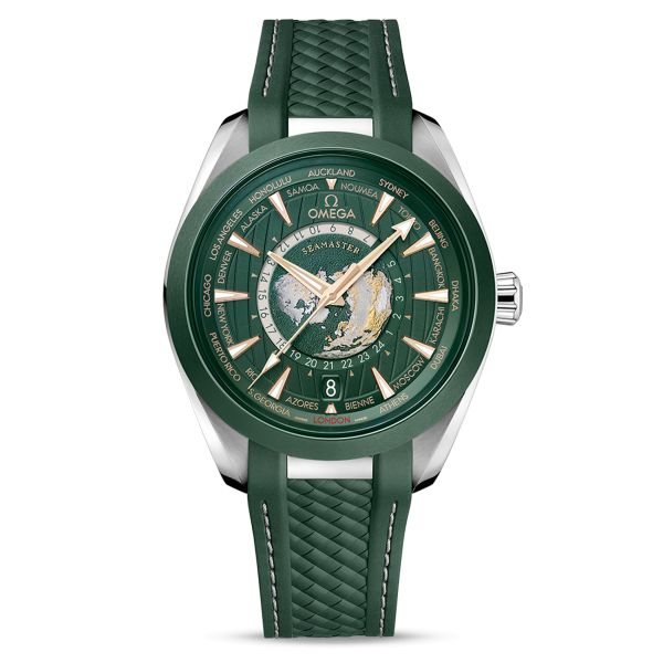 Montre Omega Seamaster Aqua Terra 150M Co-Axial Master Chronometer GMT Worldtimer cadran vert bracelet caoutchouc 43 mm