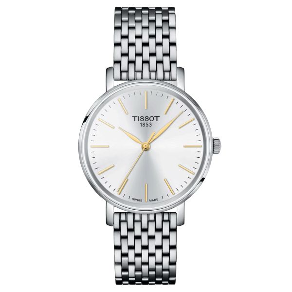 Montre Tissot T-Classic Everytime Lady quartz cadran argent bracelet acier 34 mm T143.210.11.011.01