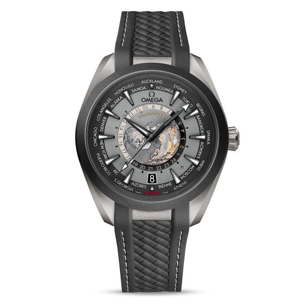 Montre Omega Seamaster Aqua Terra 150M Co-Axial Master Chronometer GMT Worldtimer titane cadran gris bracelet caoutchouc 43 mm