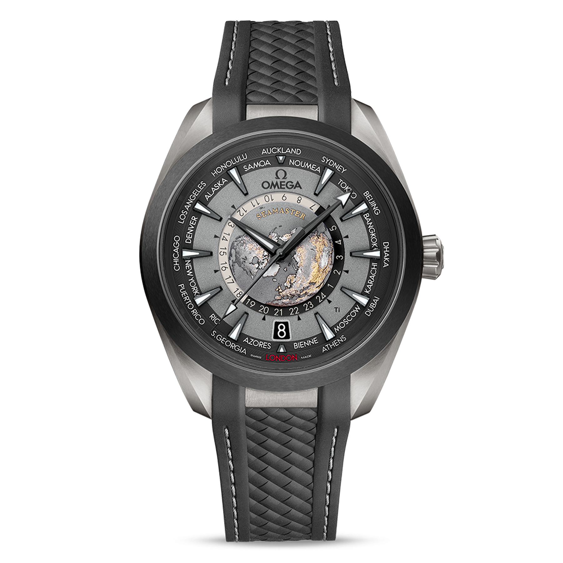 Montre Omega Seamaster Aqua Terra 150M Co-Axial Master Chronometer GMT Worldtimer titane cadran gris bracelet caoutchouc 43 mm