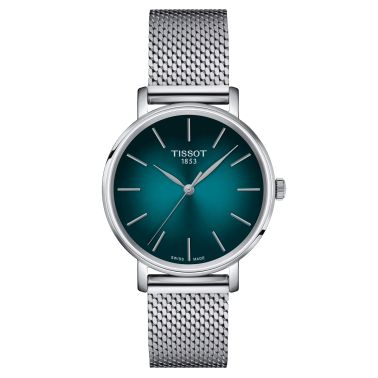 Montre Tissot T-Classic Everytime Lady quartz cadran vert bracelet acier maille milanaise 34 mm T143.210.11.091.00
